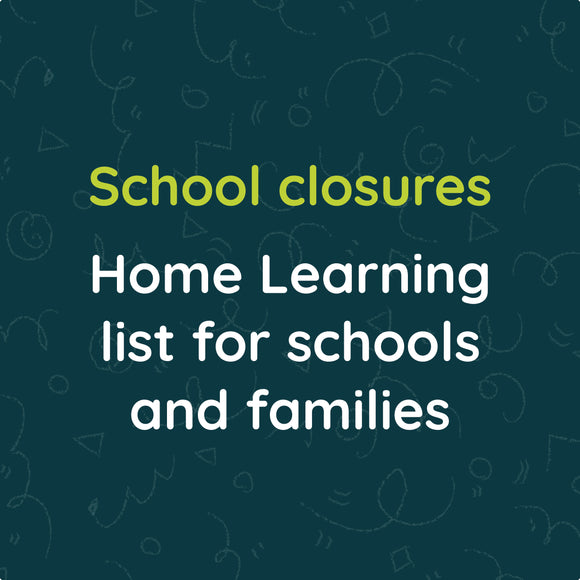 Dark blue square with school closures written in green text and Home Learning list for schools and families written in white text