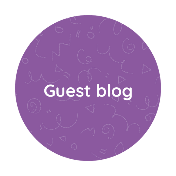 Purple circle with faint patterned background - white text saying Guest blog