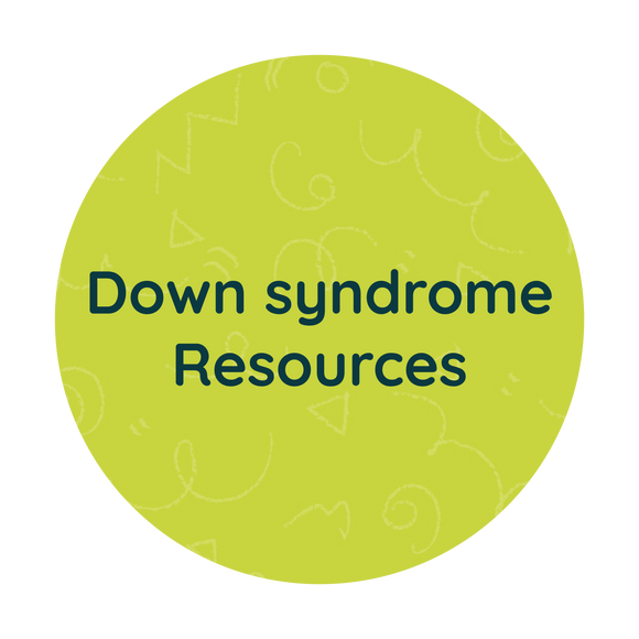 Green circle with Down Syndrome resources written in dark blue text