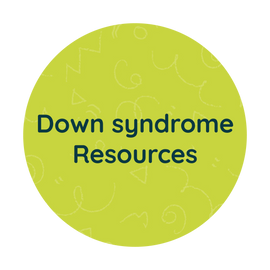 Green circle with Down Syndrome resources written in dark blue text
