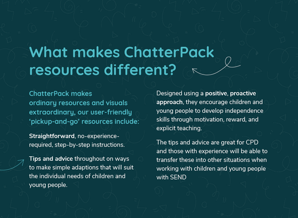 Dark blue background with light blue and white text explaining what makes ChatterPack resources different