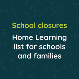 Dark blue square with school closures written in green text and Home Learning list for schools and families written in white text