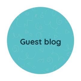 Turquoise circle with guest blog written in black text