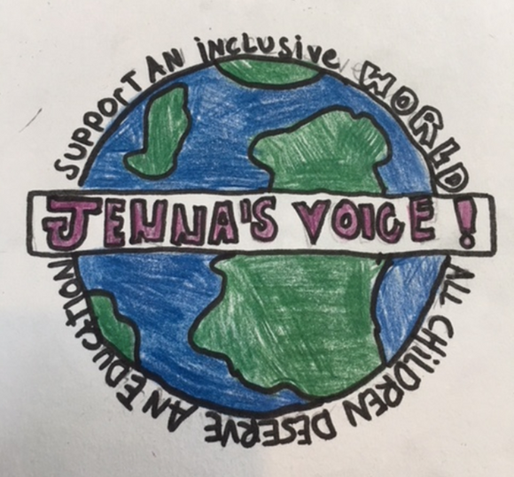 A coloured drawing of the world with 'support an inclusive world. All children deserve an education written in black text around it. Also Jenna's voice? written in red text through the centre of the image
