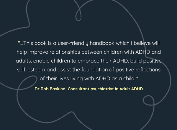 Dark blue background with white pattern and text which is a review of ADHD and Me book. The reviewer's name is written below in yellow text