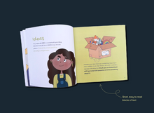 Load image into Gallery viewer, Dark blue background with ADHD and Me book open on the &#39;Ideas&#39; page which includes text and images of a girl and a box full of random objects