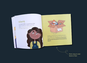 Dark blue background with ADHD and Me book open on the 'Ideas' page which includes text and images of a girl and a box full of random objects
