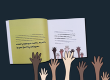 Load image into Gallery viewer, Dark blue background with image of ADHD and Me book open showing one green and one white page both with black text on. Under the book is an image of hands and forearms of various skin tones