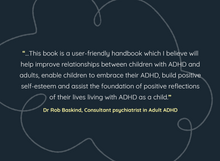 Load image into Gallery viewer, Dark blue background with white pattern and text which is a review of ADHD and Me book. The reviewer&#39;s name is written below in yellow text