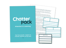 Load image into Gallery viewer, Mid blue workbook with ChatterPack written in white and blue text. Behind the workbook is an image of one of the inside pages showing text and in front of both is the resource made up