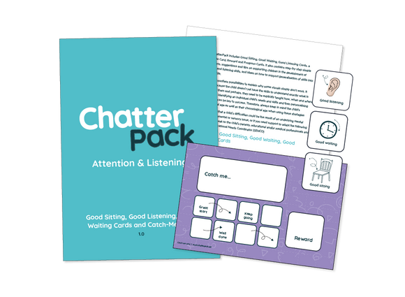 Mid blue workbook with ChatterPack written in white and blue text. Behind the workbook is an image of one of the inside pages showing text and in front of both is the resource made up