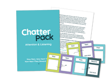 Load image into Gallery viewer, Mid blue workbook with ChatterPack written in white and blue text. Behind the workbook is an image of one of the inside pages showing text and in front of both is an image of 3 of the resource made up