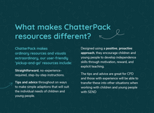 Load image into Gallery viewer, Dark blue background with lighter blue and white text explaining what makes ChatterPack resources different